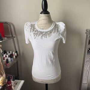 INC International Concepts White Fitted Embellished Short Sleeve Blouse